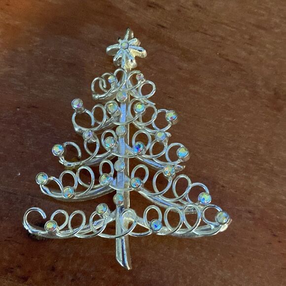 Silver Christmas Tree Brooch Pin with Iridescent Crystals - Picture 9 of 9